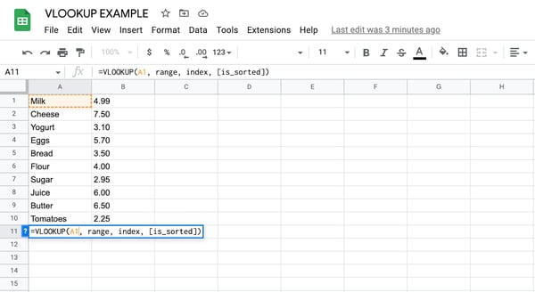 How to use vlookup in Google Sheets, step 6: replace “search_key” with desired value